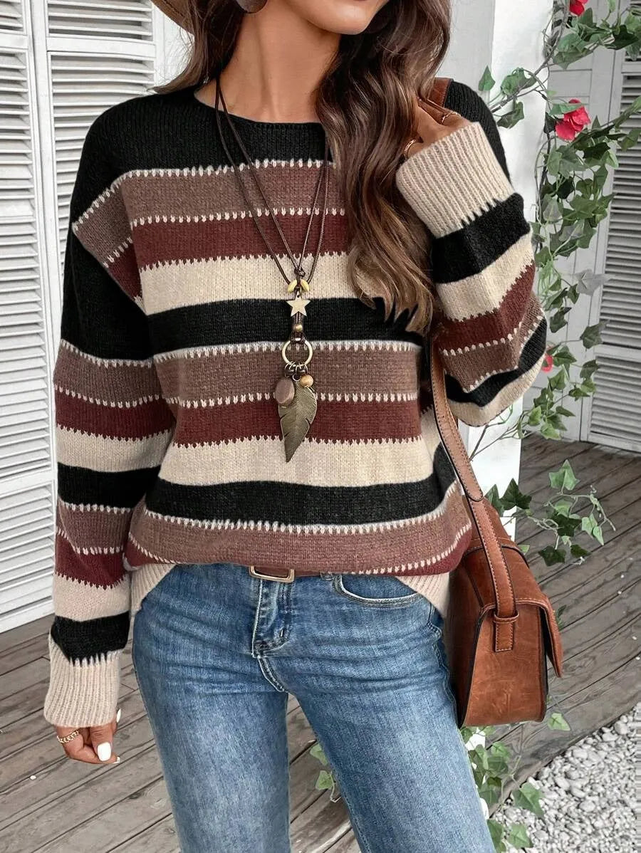 Women's colourblock striped pullover sweater in polyester fabric with long sleeves