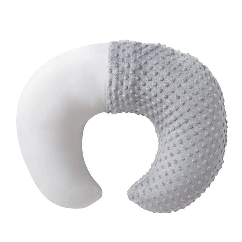 Multifunctional nursing pillow with spill prevention in pink, yellow, grey, or light blue colour options.