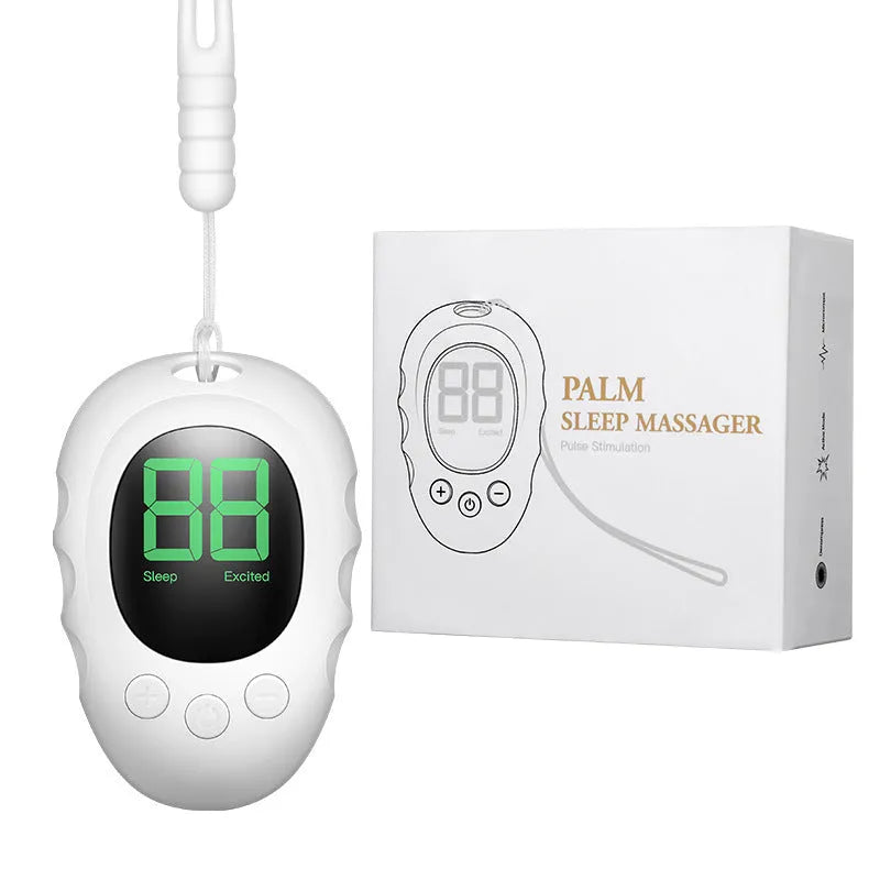 Rechargeable silicone sleep aid hand grip device in black, white, or green colour with USB charging cable.
