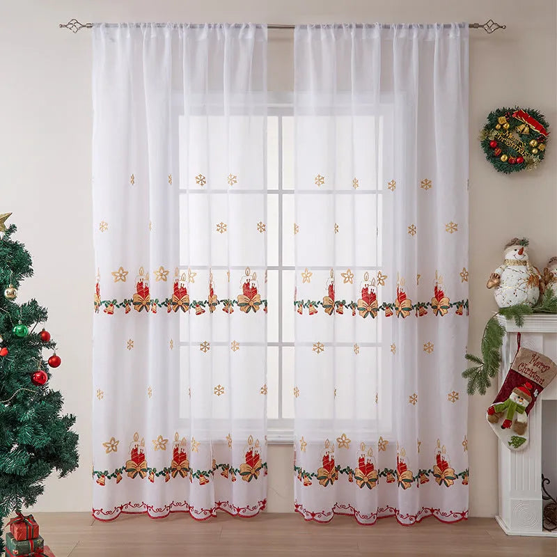 American Christmas curtain with embroidered snowflake design in semi-sunshade fabric