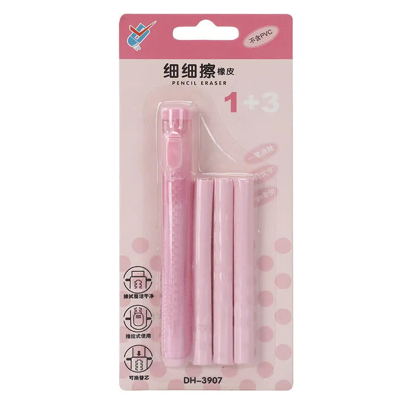Blue push-type automatic children's eraser on a desk next to a pencil.