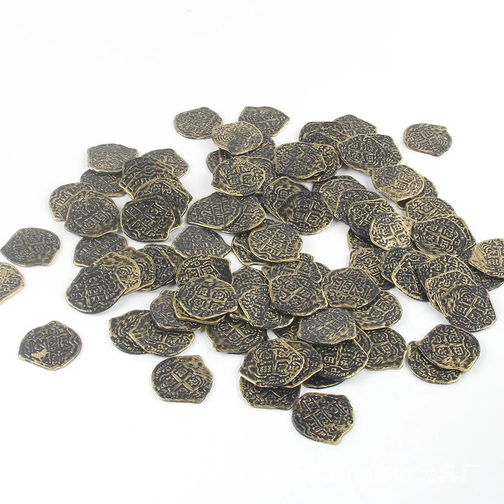 Set of 100 plastic Roman pirate coins with bronze, gold and silver electroplated finishes