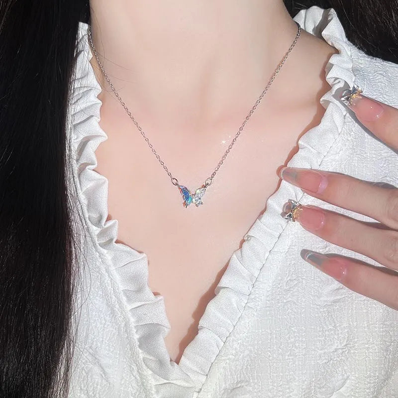 Colourful butterfly pendant necklace on alloy cross chain for women