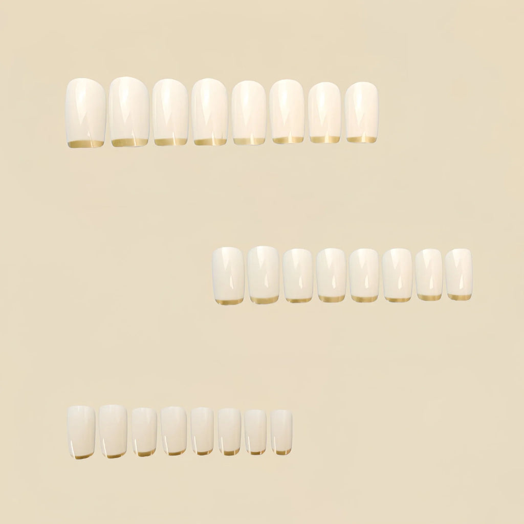 White and gold mid-length European square nail art patch set on fingers, French style manicure