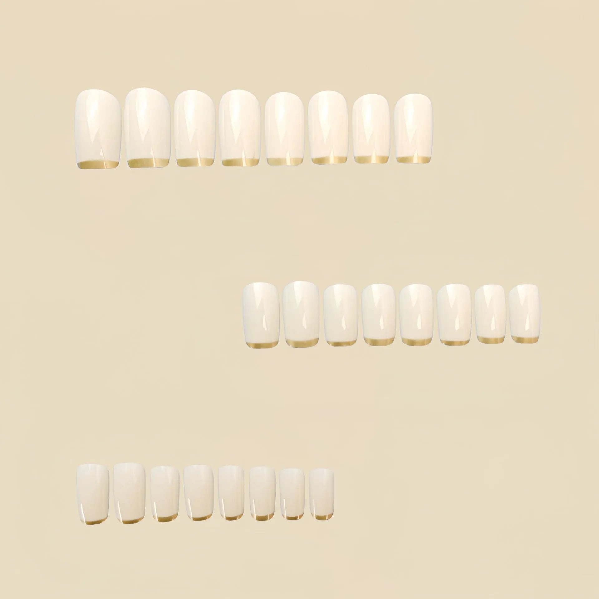 White and gold mid-length European square nail art patch set on fingers, French style manicure