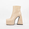 Women's ankle boots with a high heel in red, green, black, beige, and brown colours.