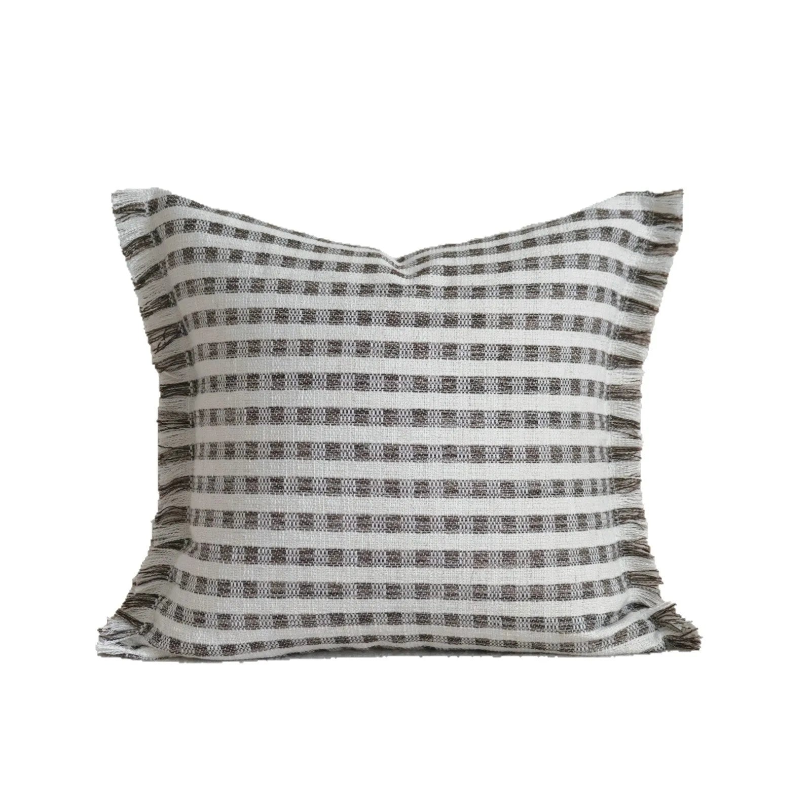 Coffee brown striped Chinese classical style decorative cushion on a sofa.
