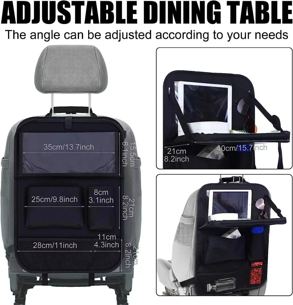 Black oxford cloth car seat back storage bag with hanging straps for organisation.