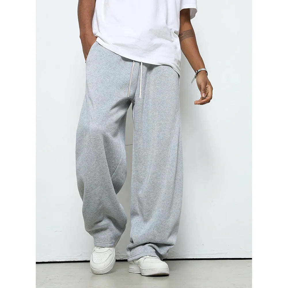 Men's straight leg casual trousers with drawstring waist in black, dark grey and light grey colours