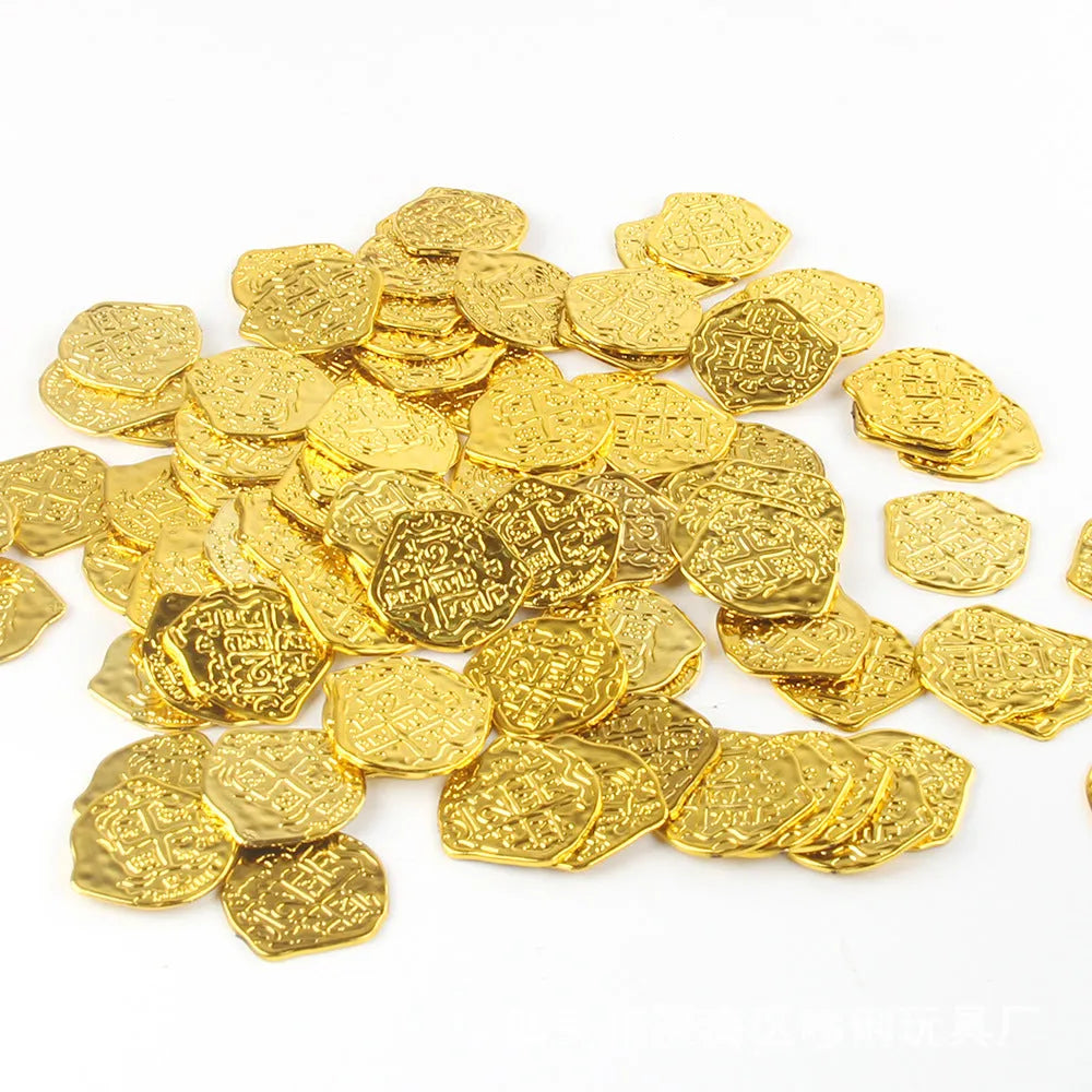 Set of 100 plastic Roman pirate coins with bronze, gold and silver electroplated finishes