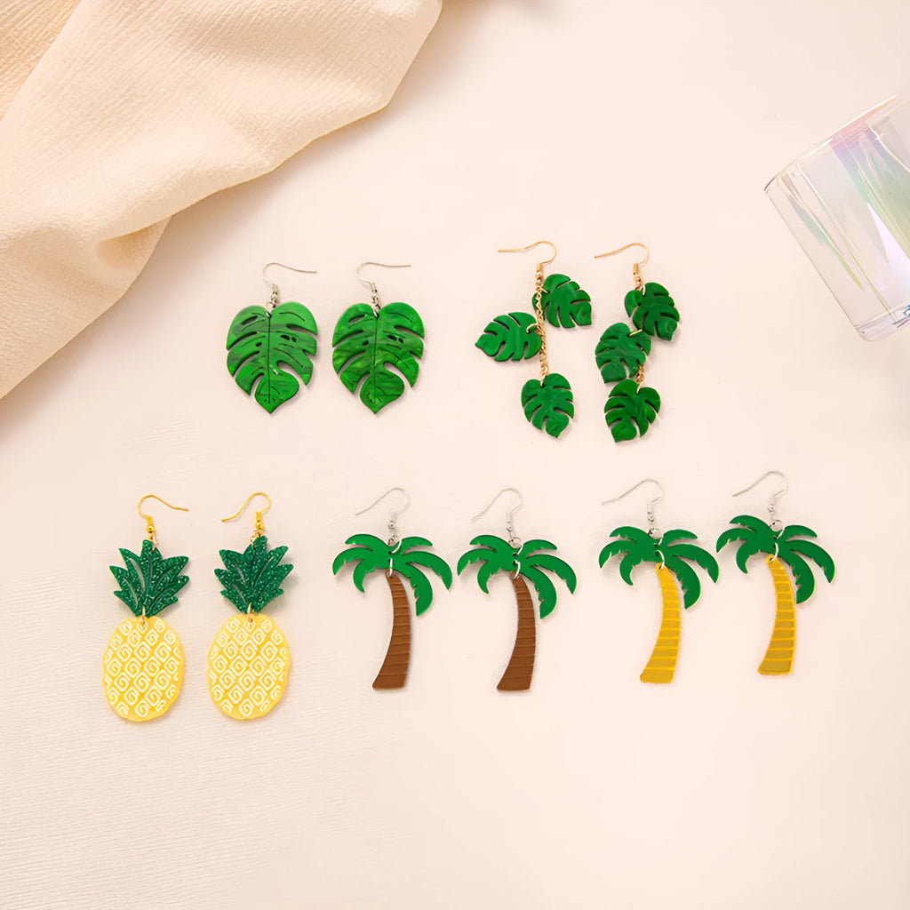 Acrylic drop earrings with a summer coconut artocarpus design on an alloy hook.