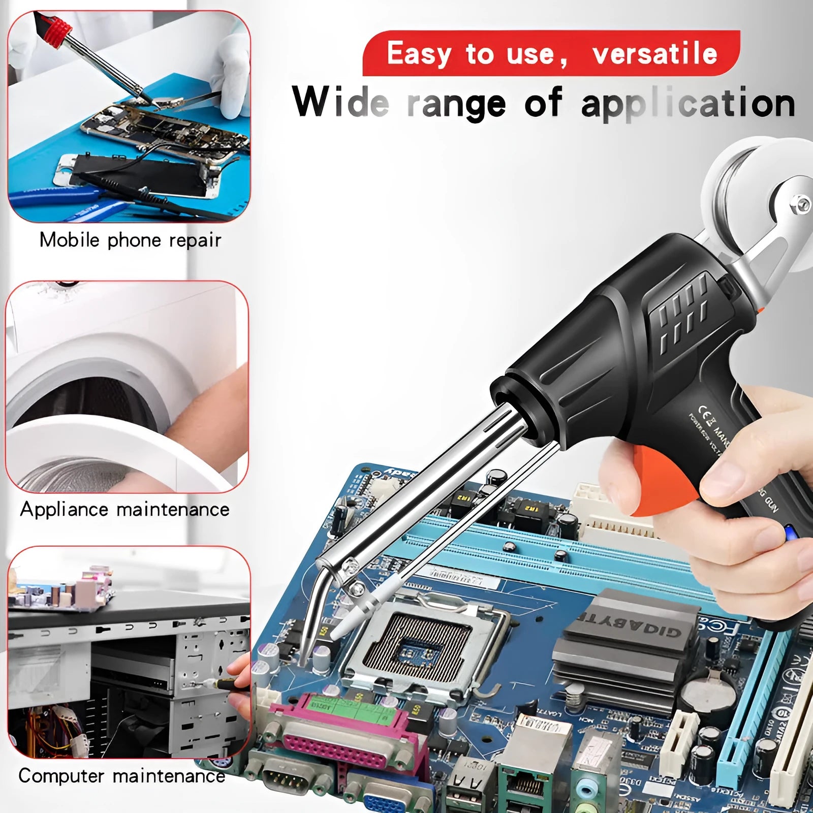 Black soldering gun set with LED light function in H5 configuration for electronics repair