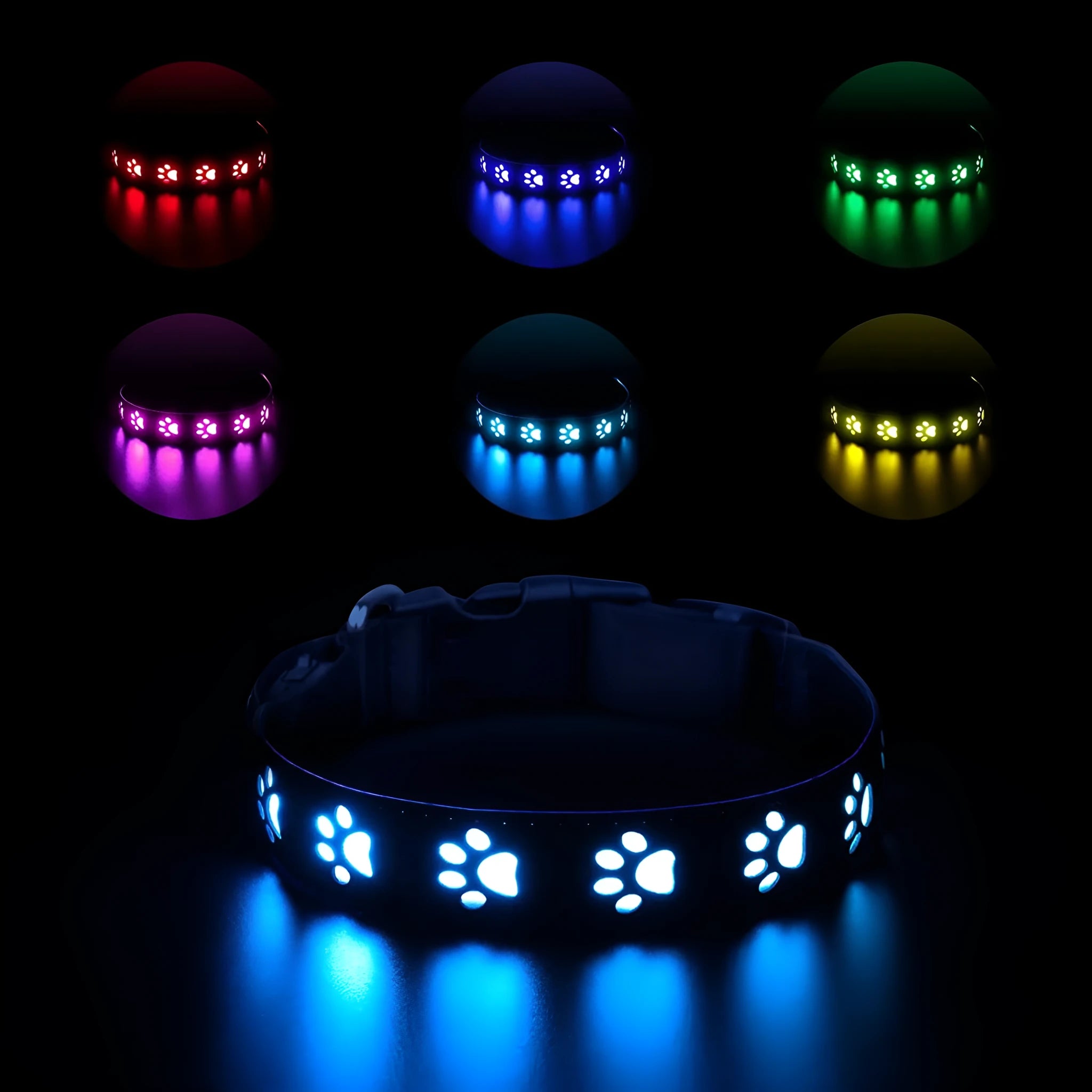 LED luminous dog collar with paw print pattern showing seven colour lights, adjustable strap.