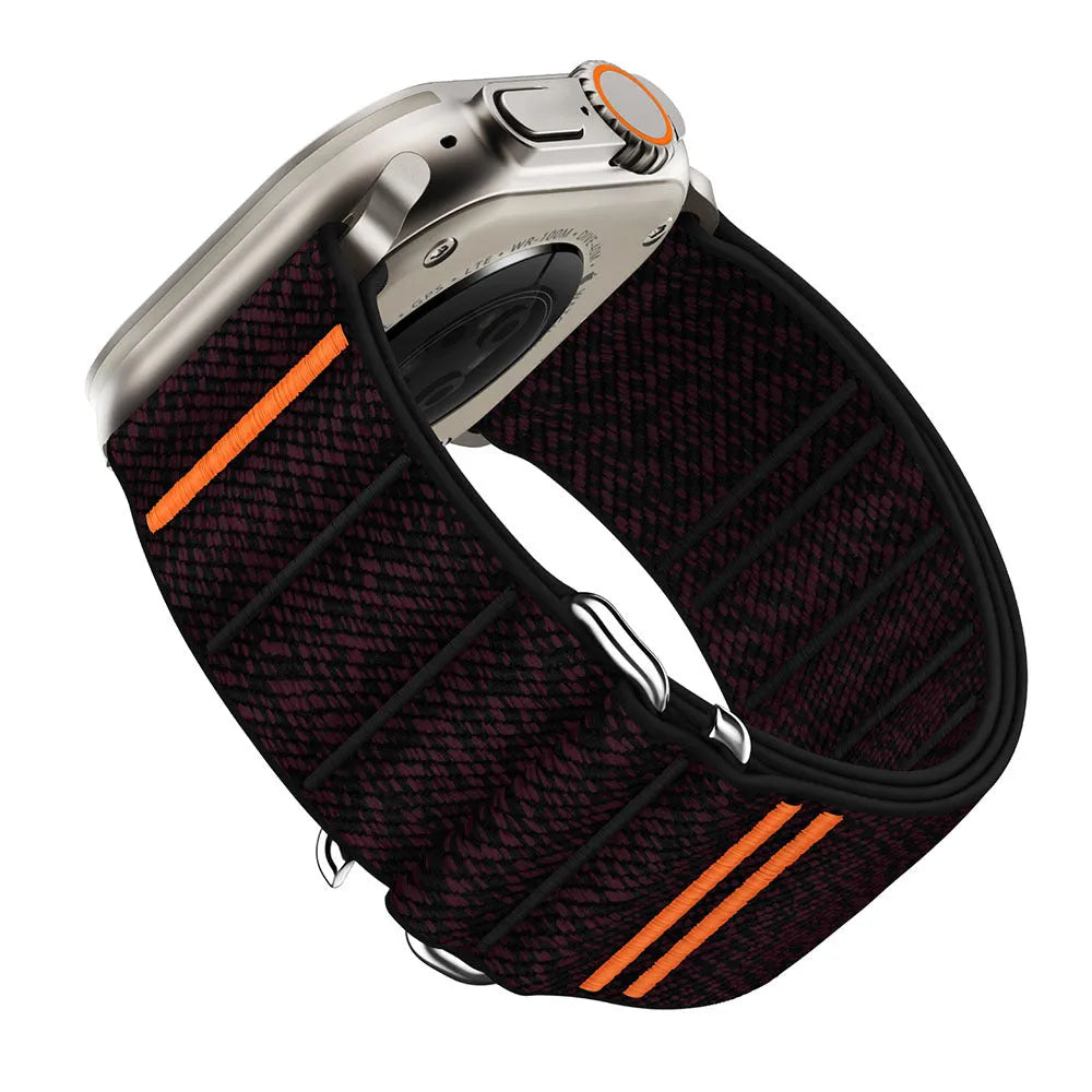 Elastic nylon Apple Watch replacement band with stainless steel buckle in various colours.