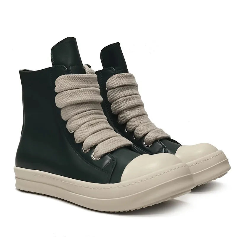 Black genuine leather high-top sneakers with a side zipper and round toe on a rubber sole.