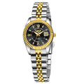 Gold and silver waterproof quartz watch for women with a 10mm thick case on a wrist.