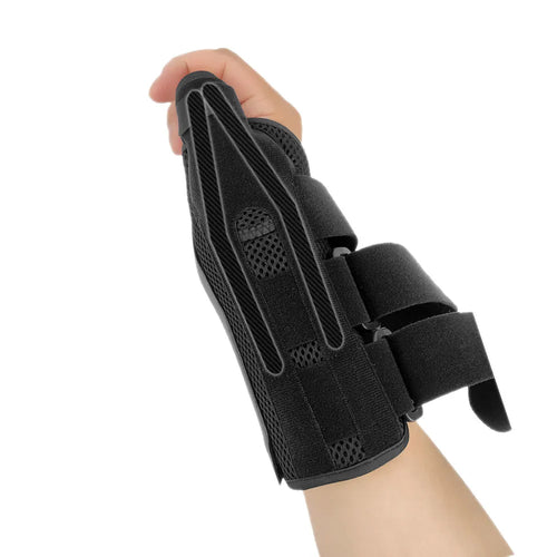 Carbon fibre sports wrist guard with thumb strap in black and grey, shown for left hand.