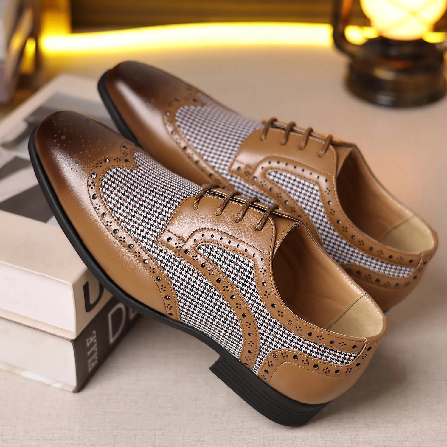 Men's black houndstooth pattern casual lace-up shoes with a square toe and rubber sole.