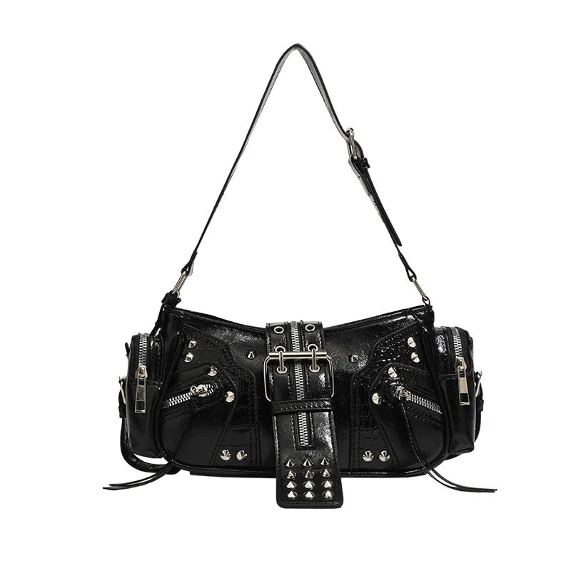 Black retro oil-wax leather shoulder bag with dumpling shape and multiple compartments