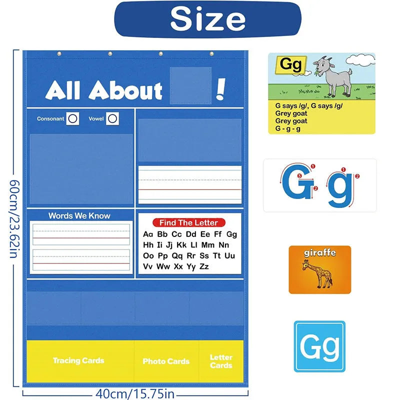 Creative Letters Learning Sleeve Table Chart with dry-erase marker, letter cards, and picture cards on a 60cm x 40cm wipe-clean surface.
