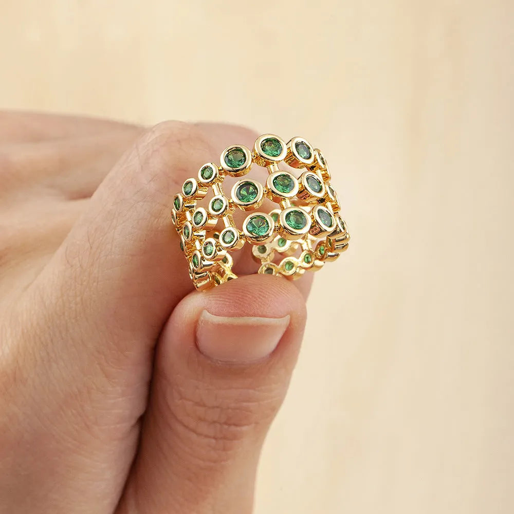Copper 18K real gold plated wide band ring with green zircon centrepiece.