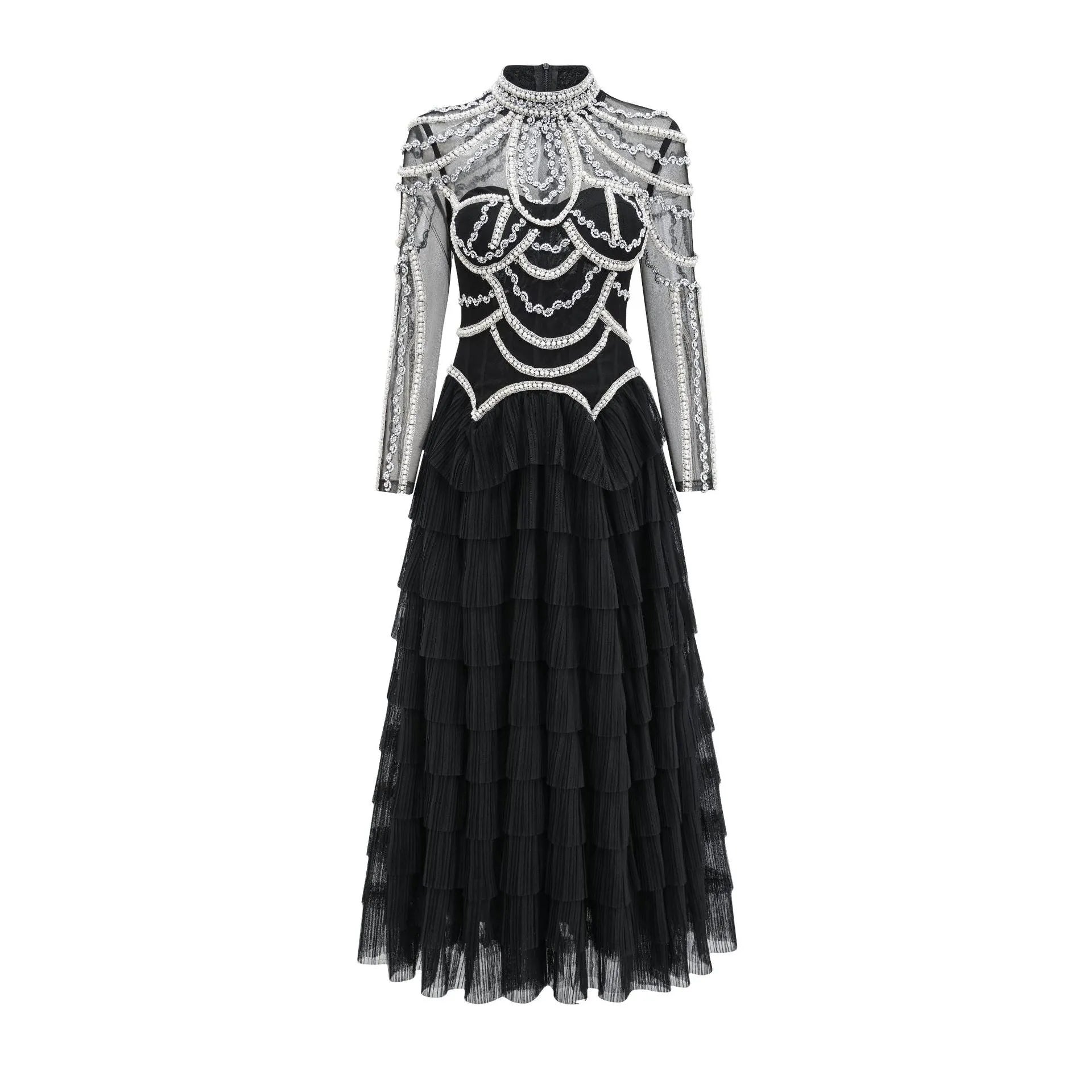 Women's long sleeve beaded dress in black or pink with three-dimensional decoration