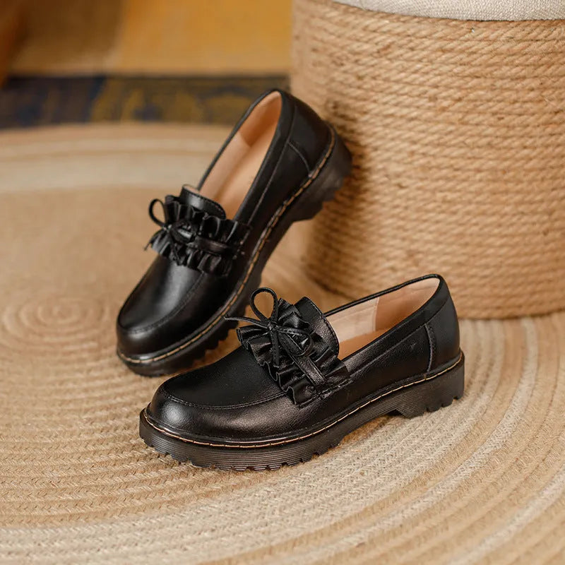British style women's leather shoes with round head and chunky flat heel in black or brown