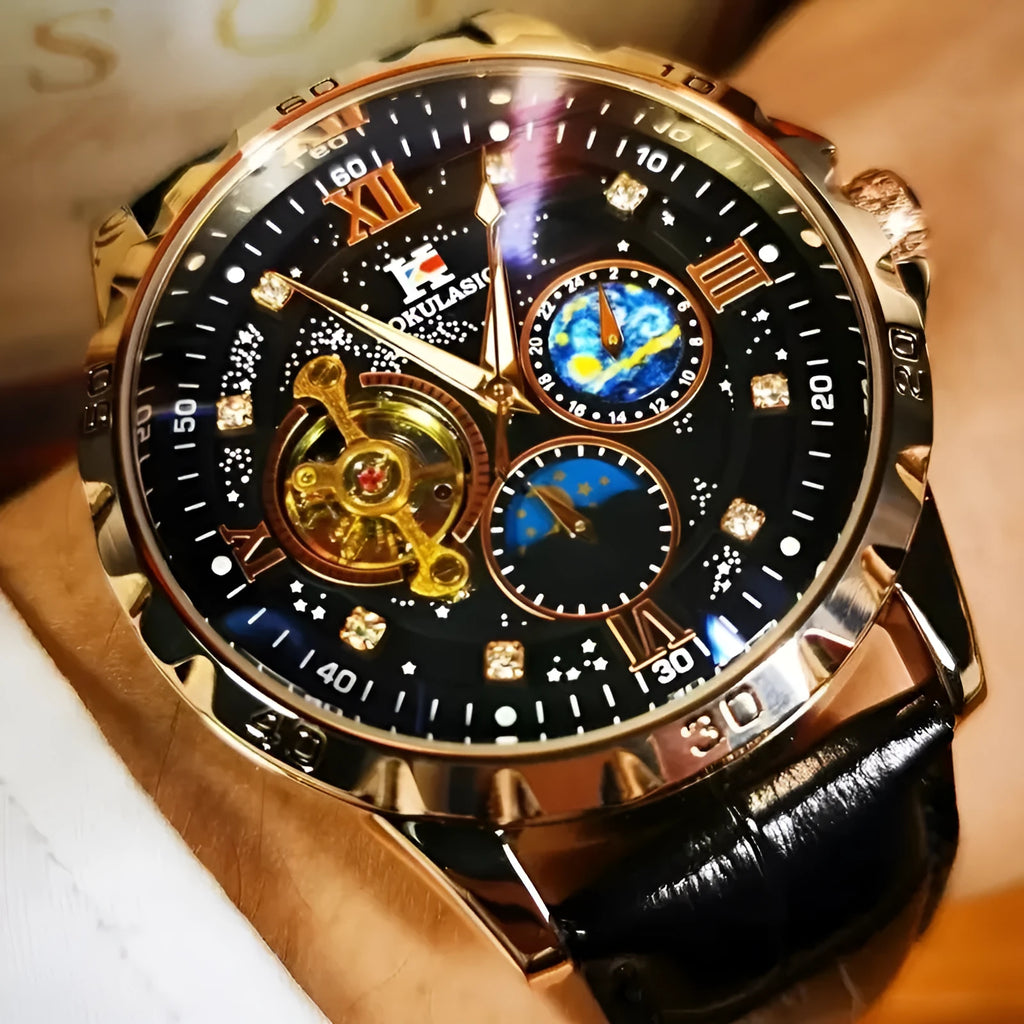Men's black and rose gold automatic watch with a hollow dial and brown leather strap.