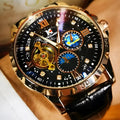 Men's black and rose gold automatic watch with a hollow dial and brown leather strap.