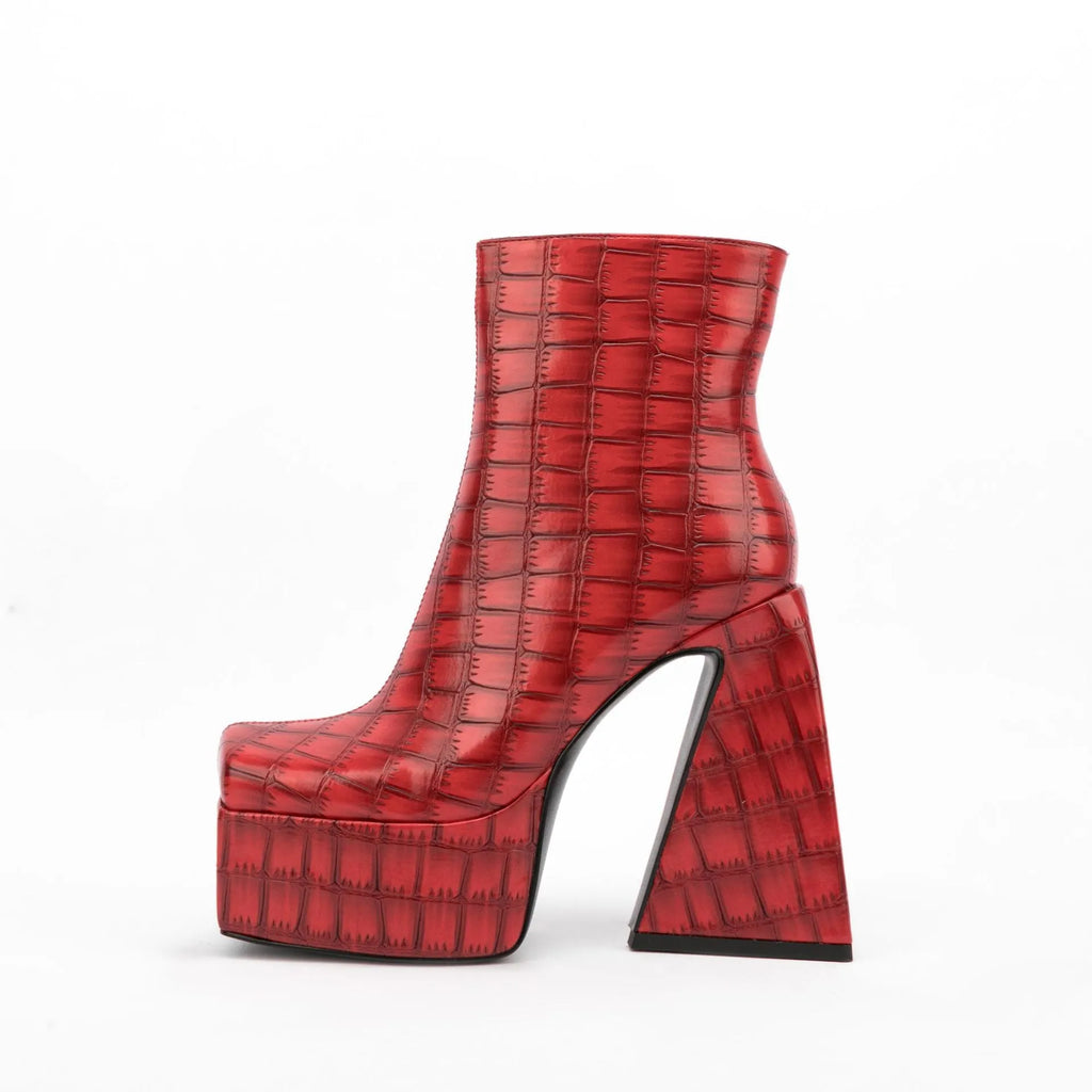 Women's ankle boots with a high heel in red, green, black, beige, and brown colours.