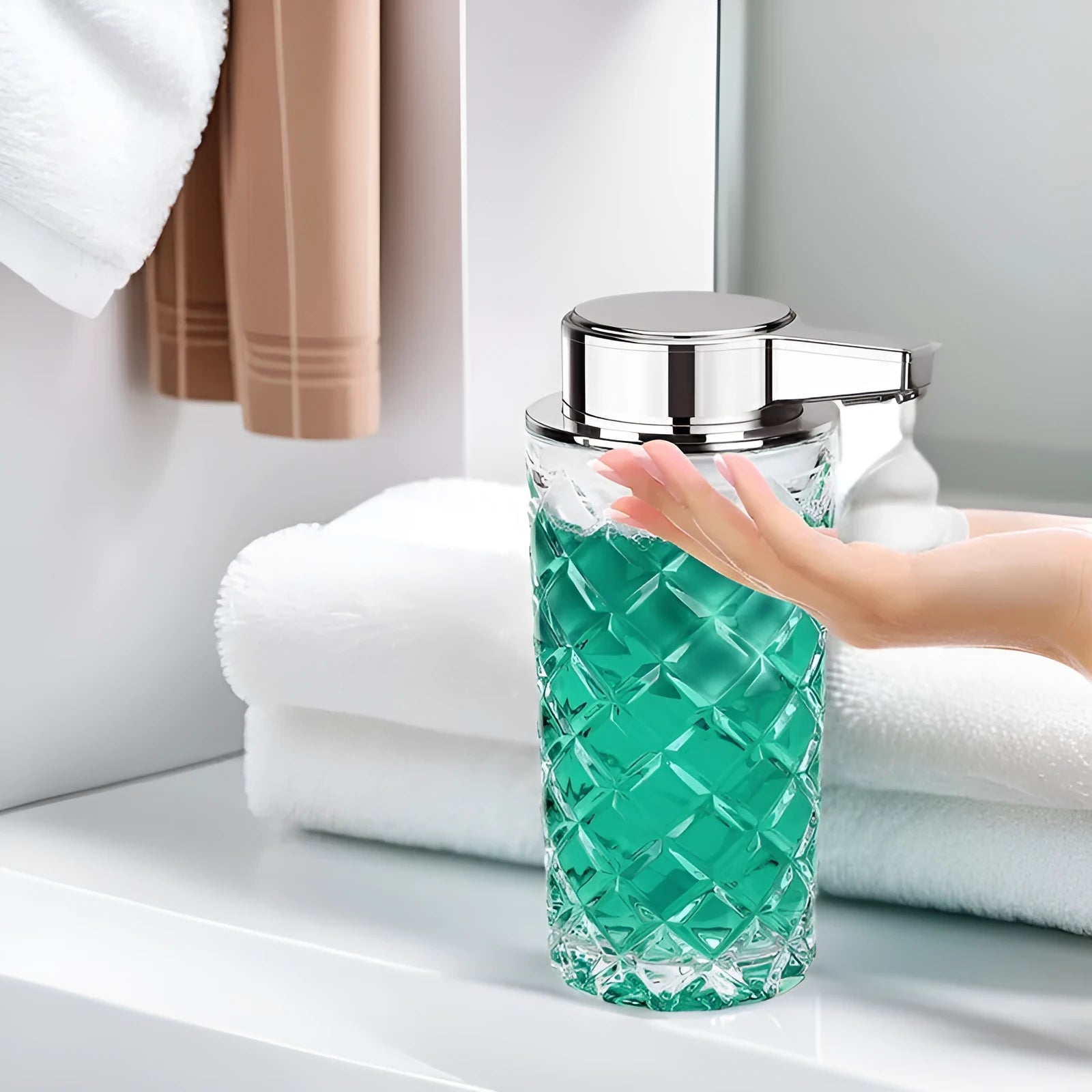 Silver automatic soap dispenser with USB Type-C charging port on a bathroom countertop.