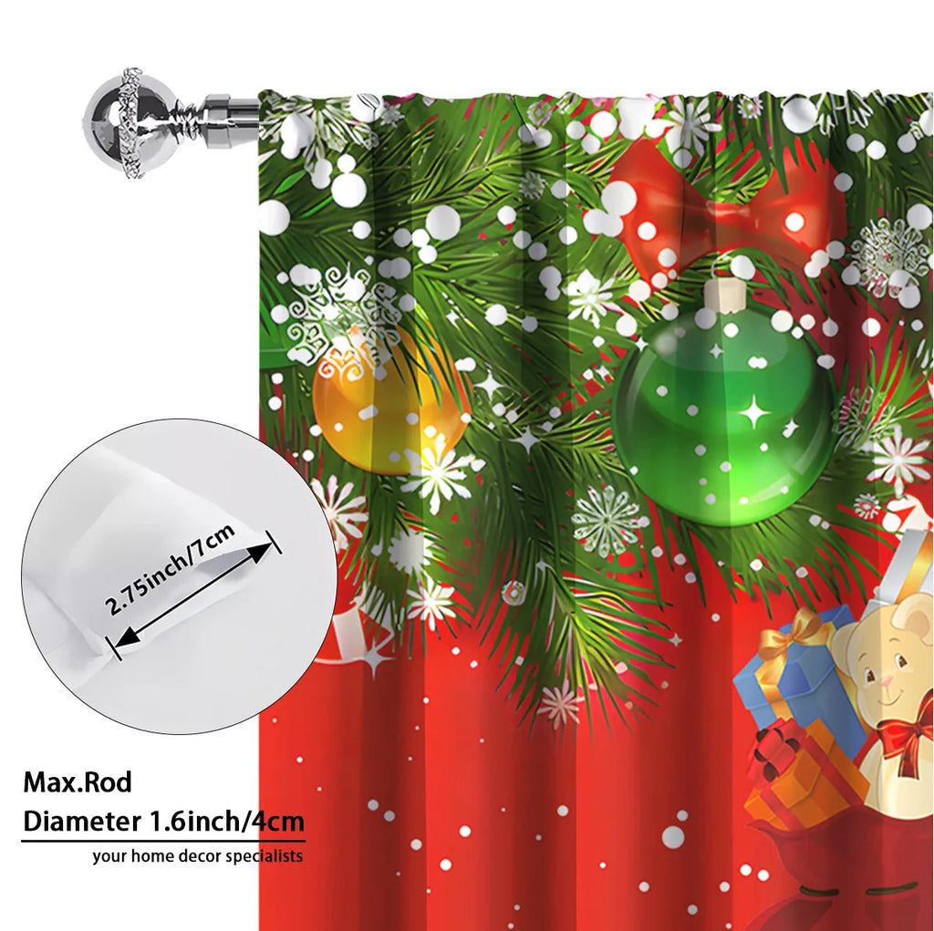 Pair of 3D digital printed Christmas curtains with a festive pattern on a window.