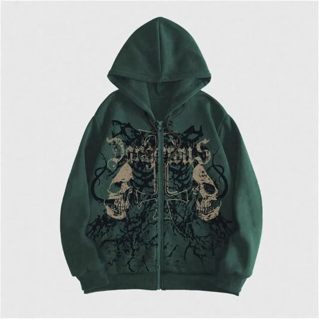 Men's black hoodie with a raised skull hot stamp print on the chest.