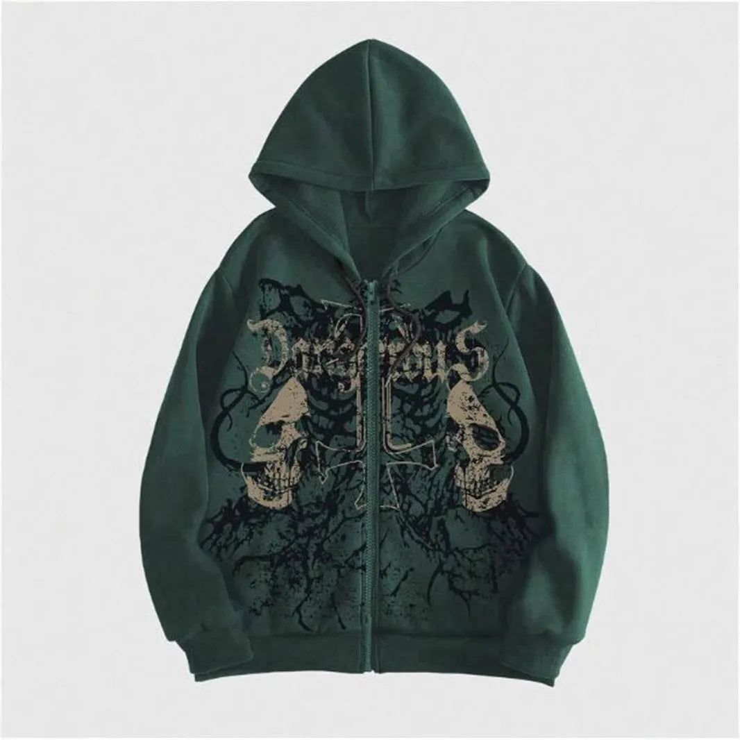 Men's black hoodie with a raised skull hot stamp print on the chest.