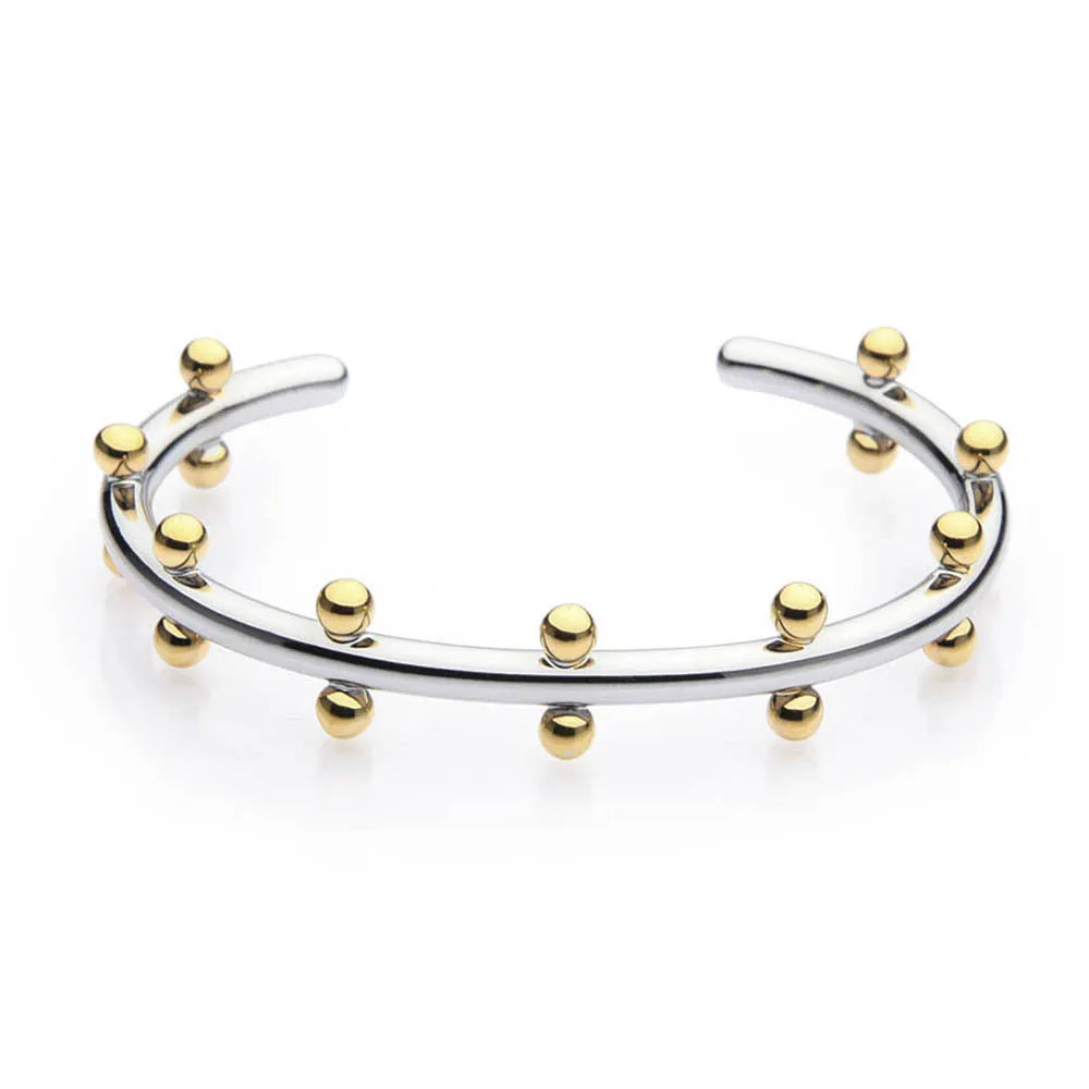 Stainless steel C-shaped bean bead charm with round rivet texture, shown in gold, steel, and steel gold colours.