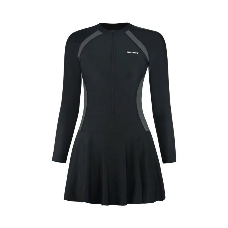 Plus size quick-drying one-piece swimsuit in solid colour black gray with spandex lining