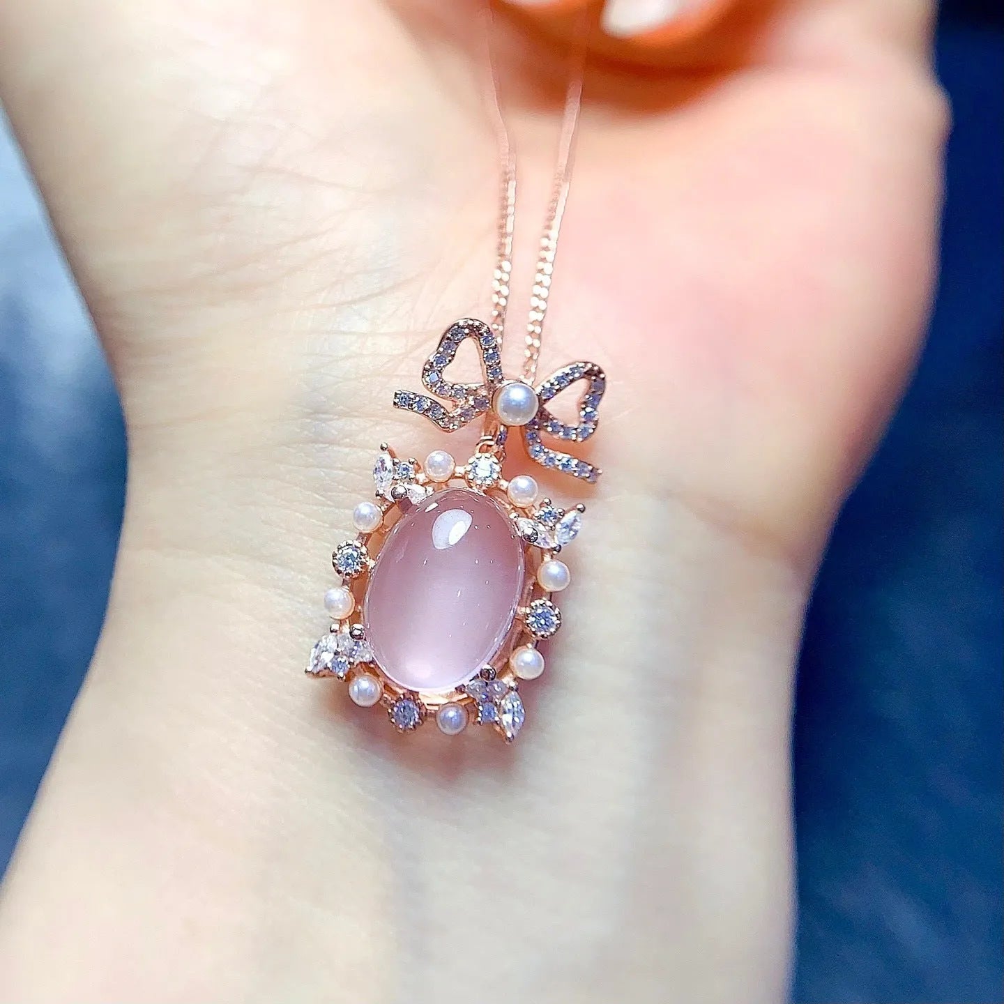Geometric rose quartz pendant necklace on rose gold plated silver chain