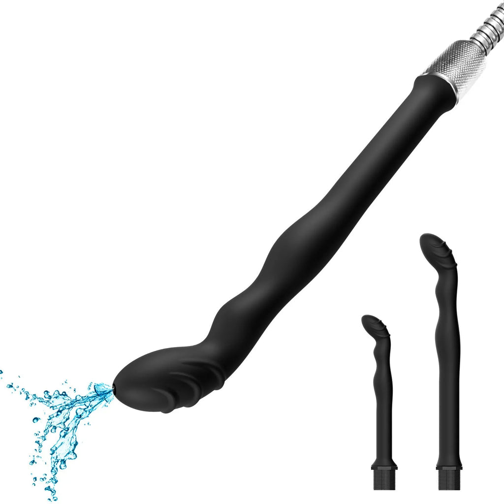 Black silicone sausage filler hosepipe enema for cleaning, shown in large and small size options.