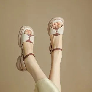 Women's beige renewable leather platform sandals with chunky heels and open toe design