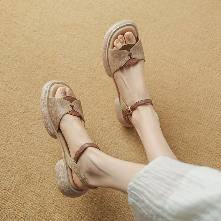 Women's beige renewable leather platform sandals with chunky heels and open toe design