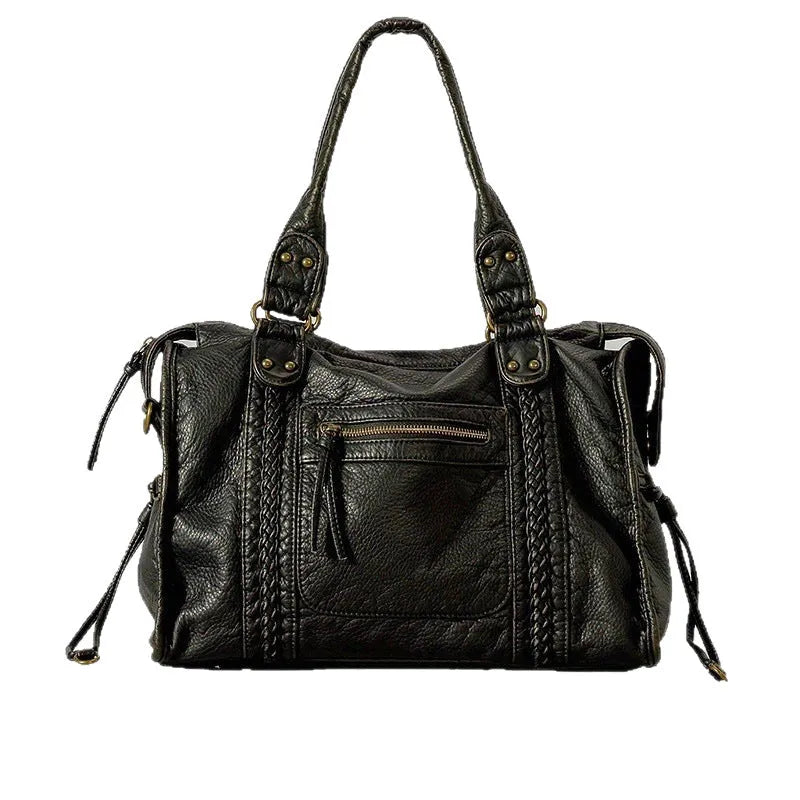Women's brown soft PU leather retro messenger bag with a single shoulder strap and woven detail.