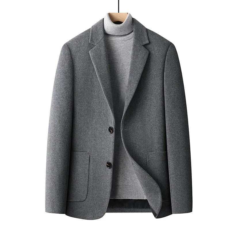 Men's slim fit wool suit in a solid colour with a polyester lining, shown on a hanger.