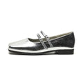 Women's silver genuine leather Mary Jane shoes with a cross buckle strap and flat sole.