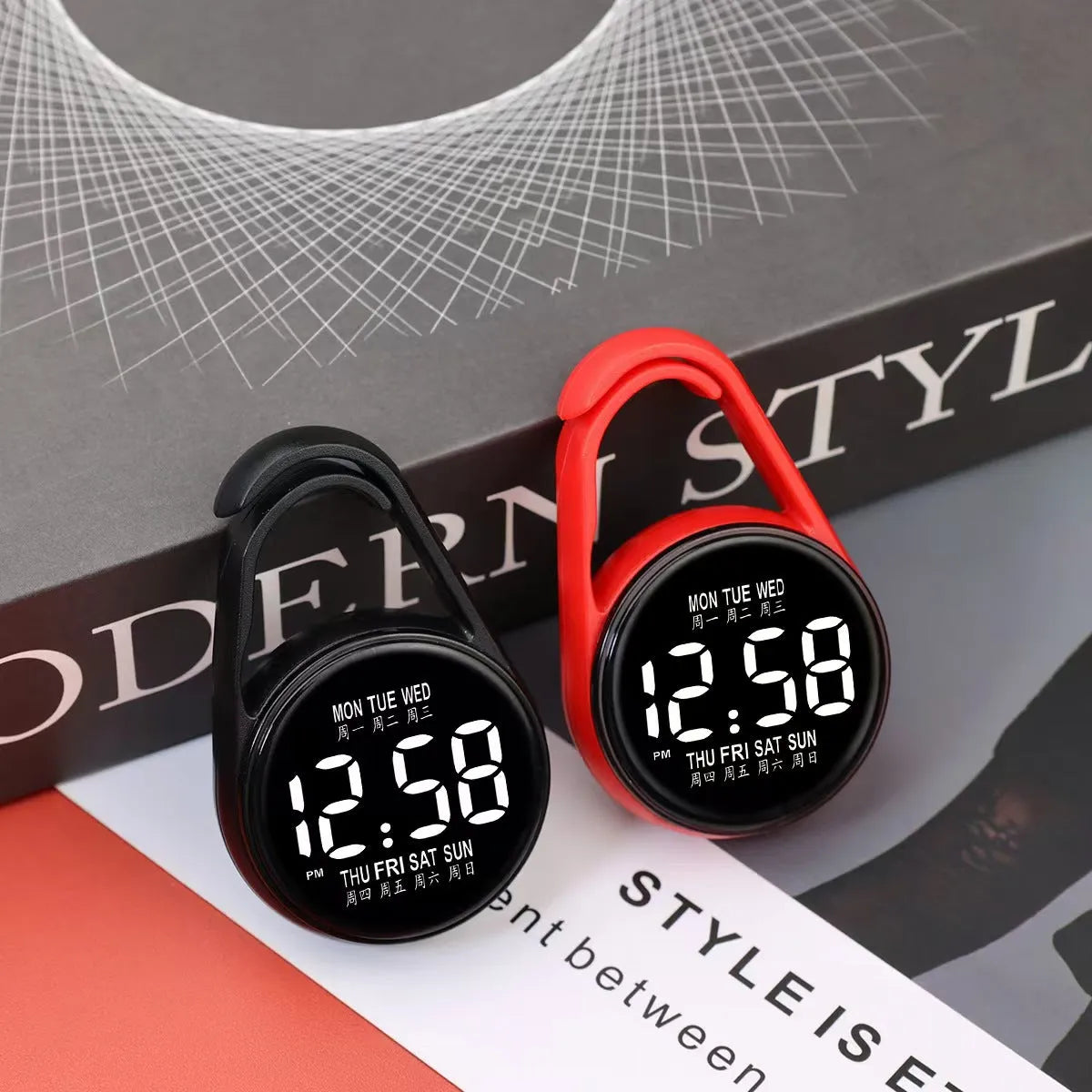 Digital LED electronic watch with plastic strap showing week display, available in multiple colours