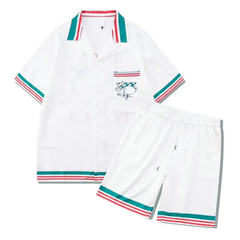 Men's plaid print beach outfit set with short sleeve shirt and trousers on hanger