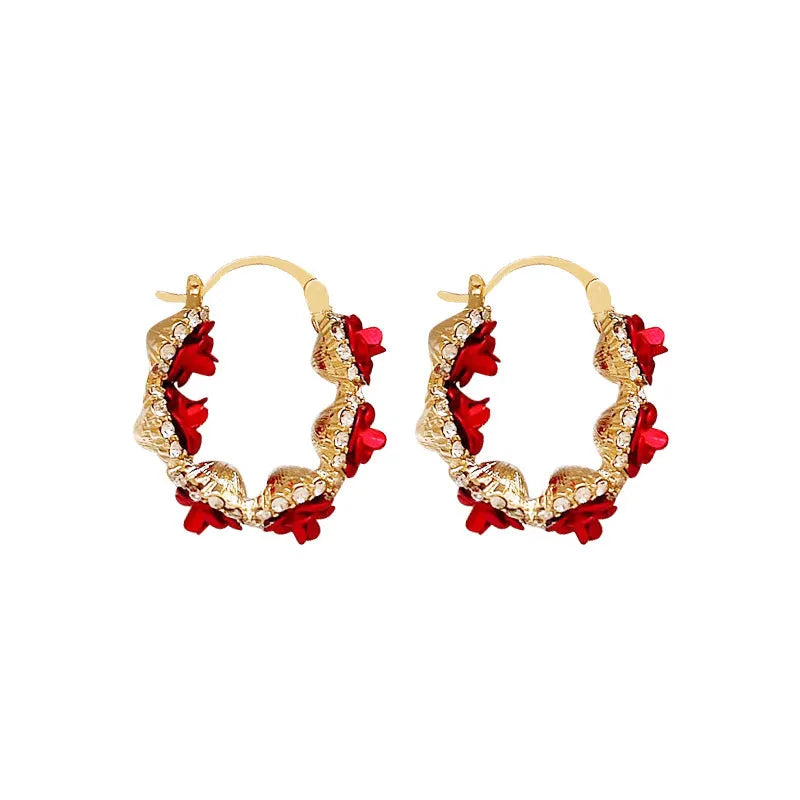 Red alloy ear clips with rose flower design for women's clip-on jewellery