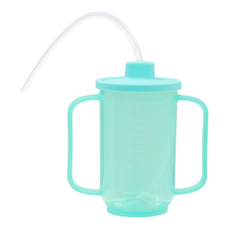 Adult bed care drinking cup with lid and handle, shown in various designs including oblique mouth choke proof cup.