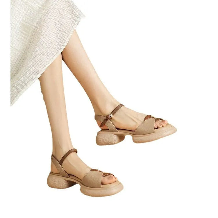 Women's beige renewable leather platform sandals with chunky heels and open toe design