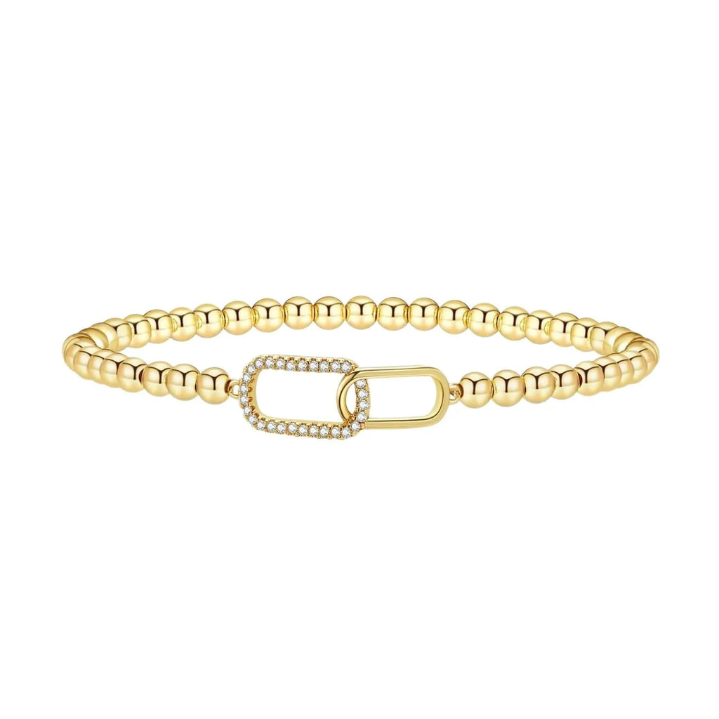Adjustable stainless steel beaded bracelet showing geometric round design on wrist