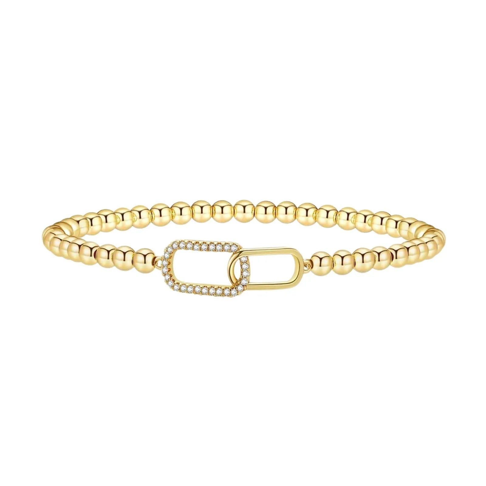 Adjustable stainless steel beaded bracelet showing geometric round design on wrist